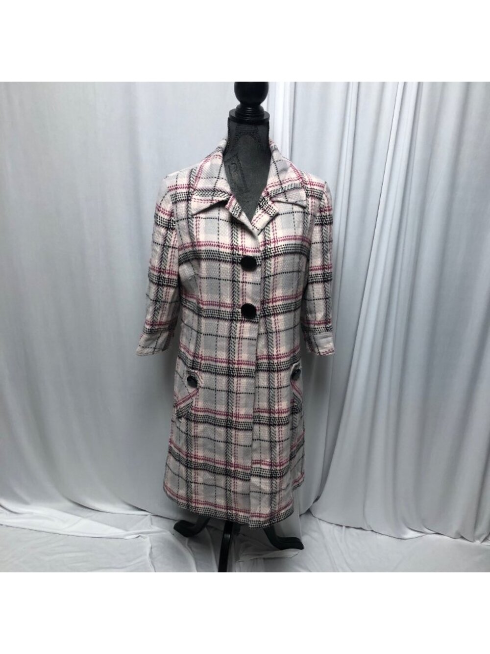 Mac and Jac Trench Coat Womens Size Large Pink Black Plaid Lined Midi Jacket